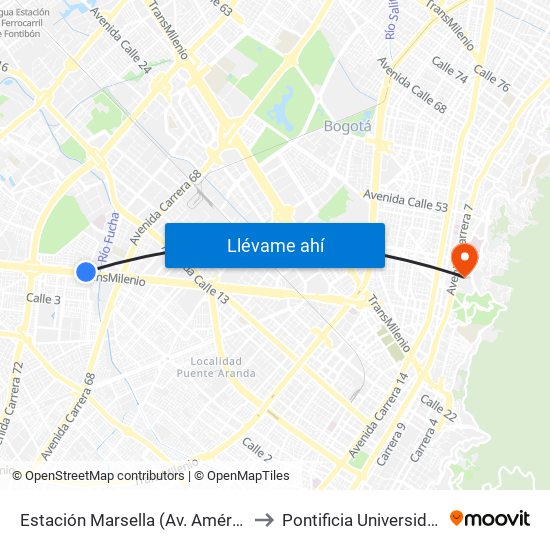 Estación Marsella (Av. Américas - Kr 69c) (A) to Pontificia Universidad Javeriana map