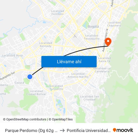 Parque Perdomo (Dg 62g Sur - Kr 73f) to Pontificia Universidad Javeriana map