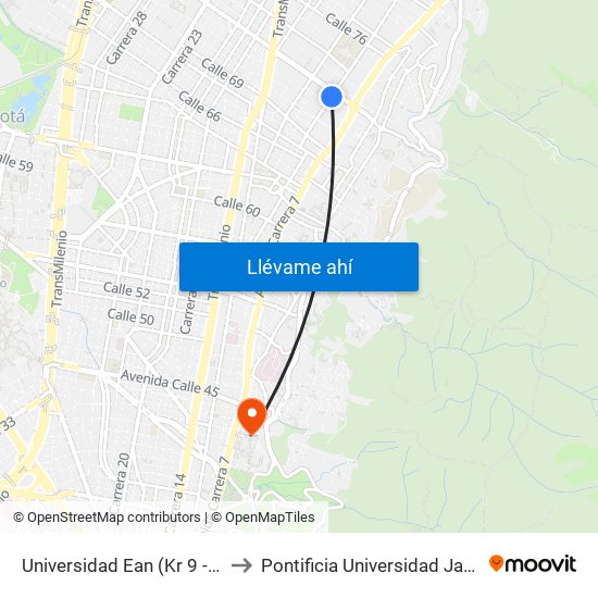 Universidad Ean (Kr 9 - Cl 71) to Pontificia Universidad Javeriana map