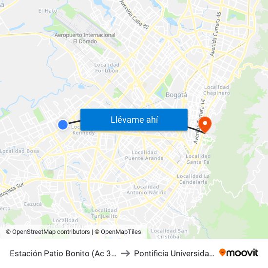 Estación Patio Bonito (Ac 38 Sur - Kr 86a) to Pontificia Universidad Javeriana map