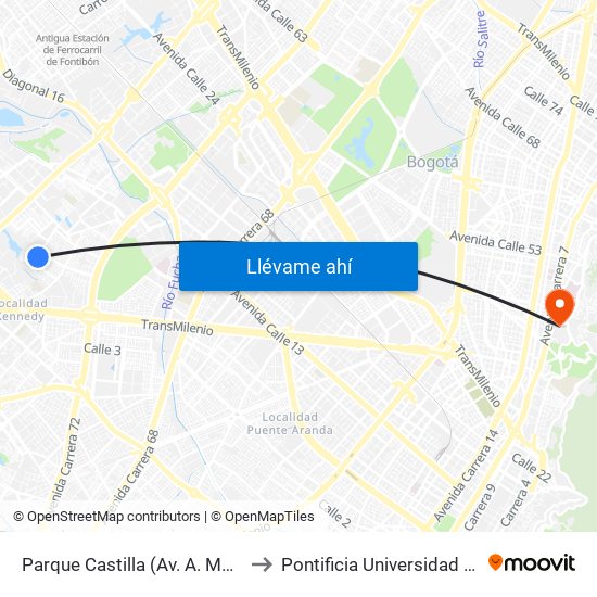 Parque Castilla (Av. A. Mejía - Cl 7c) to Pontificia Universidad Javeriana map