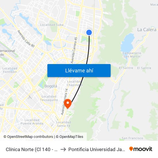 Clínica Norte (Cl 140 - Kr 12) to Pontificia Universidad Javeriana map