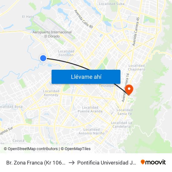 Br. Zona Franca (Kr 106 - Cl 14) to Pontificia Universidad Javeriana map