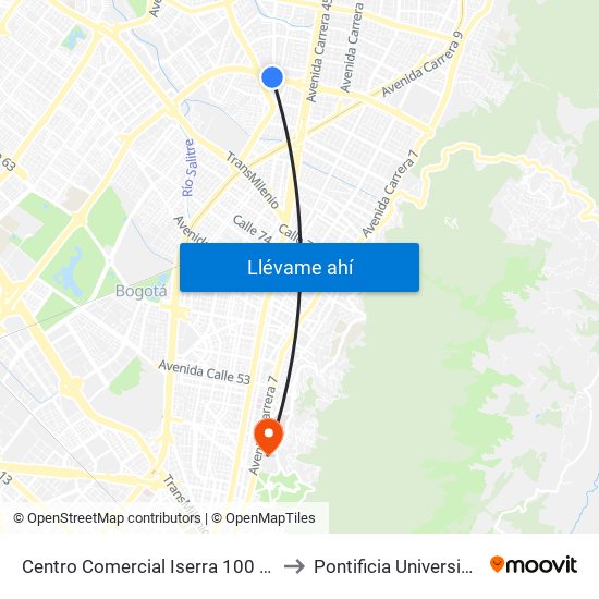 Centro Comercial Iserra 100 (Ac 100 - Kr 54) (A) to Pontificia Universidad Javeriana map