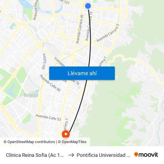 Clínica Reina Sofía (Ac 127 - Kr 20) to Pontificia Universidad Javeriana map