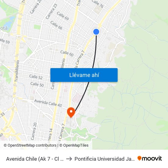 Avenida Chile (Ak 7 - Cl 71) (A) to Pontificia Universidad Javeriana map