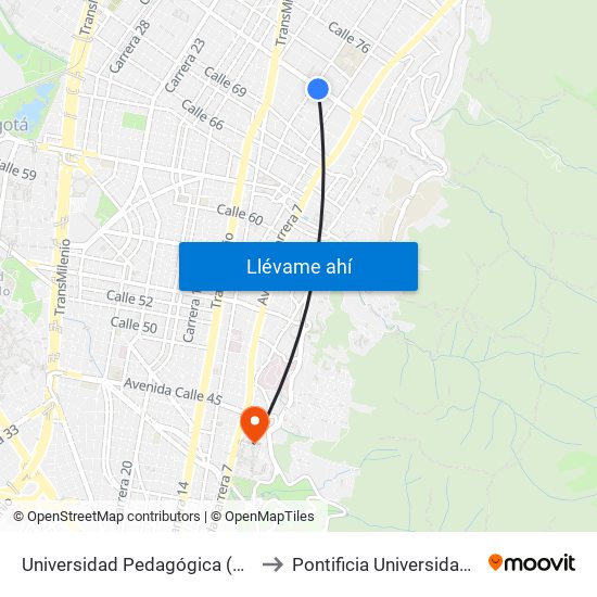 Universidad Pedagógica (Ac 72 - Kr 10) to Pontificia Universidad Javeriana map