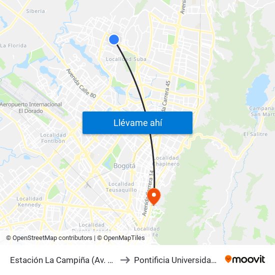 Estación La Campiña (Av. Suba - Kr 99) to Pontificia Universidad Javeriana map