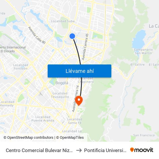 Centro Comercial Bulevar Niza (Ac 127 - Av. Suba) to Pontificia Universidad Javeriana map