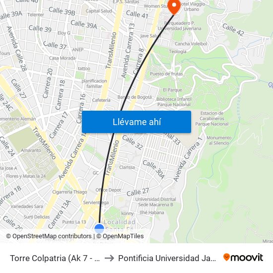 Torre Colpatria (Ak 7 - Cl 24) to Pontificia Universidad Javeriana map