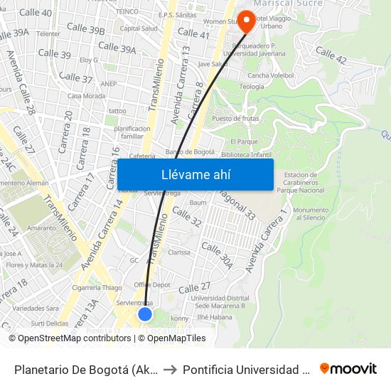 Planetario De Bogotá (Ak 7 - Cl 27) to Pontificia Universidad Javeriana map