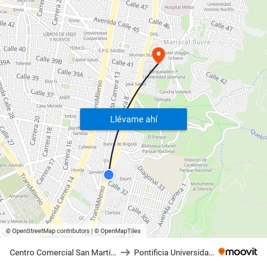 Centro Comercial San Martín (Ak 7 - Cl 32) to Pontificia Universidad Javeriana map