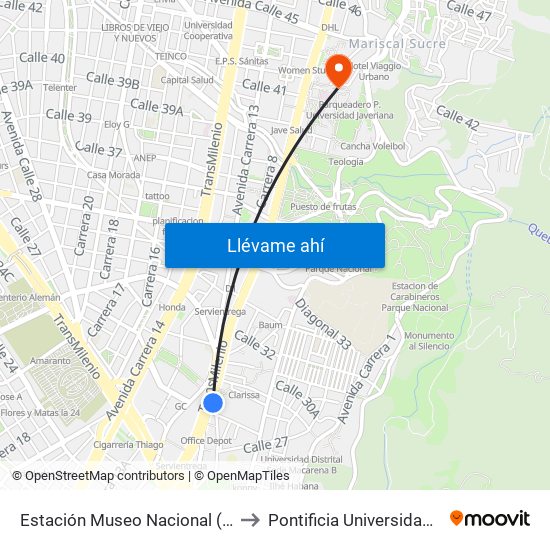 Estación Museo Nacional (Ak 7 - Cl 29) to Pontificia Universidad Javeriana map