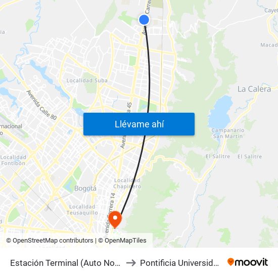 Estación Terminal (Auto Norte - Cl 191) (A) to Pontificia Universidad Javeriana map