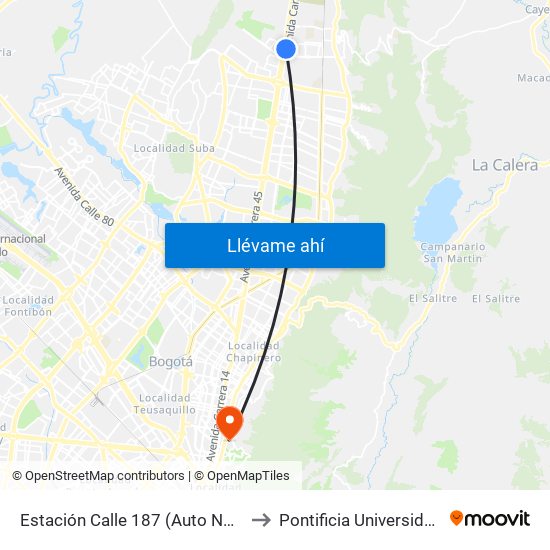Estación Calle 187 (Auto Norte - Cl 187) (B) to Pontificia Universidad Javeriana map