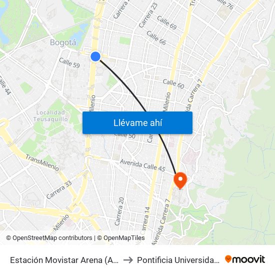 Estación Movistar Arena (Av. NQS - Cl 62) to Pontificia Universidad Javeriana map