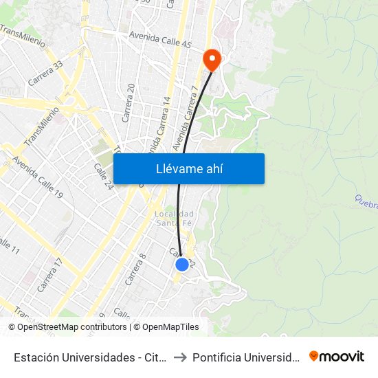Estación Universidades (Kr 3 - Cl 21) to Pontificia Universidad Javeriana map