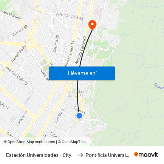 Estación Universidades (Kr 3 - Cl 20) (B) to Pontificia Universidad Javeriana map