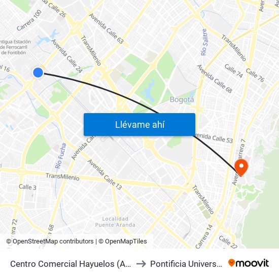 Centro Comercial Hayuelos (Av. C. De Cali - Cl 20) (A) to Pontificia Universidad Javeriana map