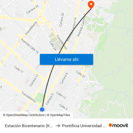 Estación Bicentenario (Kr 9 - Cl 6a) to Pontificia Universidad Javeriana map