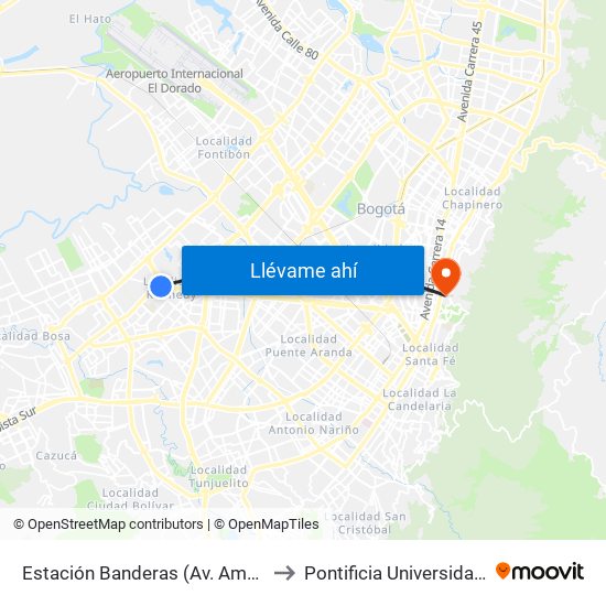 Estación Banderas (Av. Américas - Kr 79b) to Pontificia Universidad Javeriana map