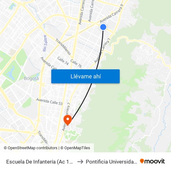 Escuela De Infantería (Ac 100 - Kr 11a) (B) to Pontificia Universidad Javeriana map