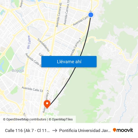 Calle 116 (Ak 7 - Cl 116) (A) to Pontificia Universidad Javeriana map