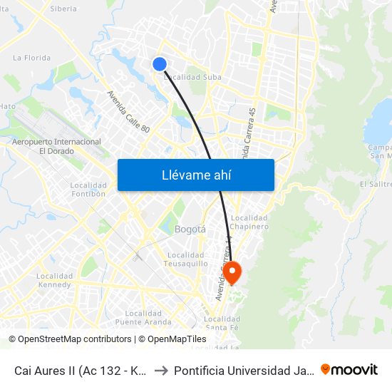 Cai Aures II (Ac 132 - Kr 103a) to Pontificia Universidad Javeriana map