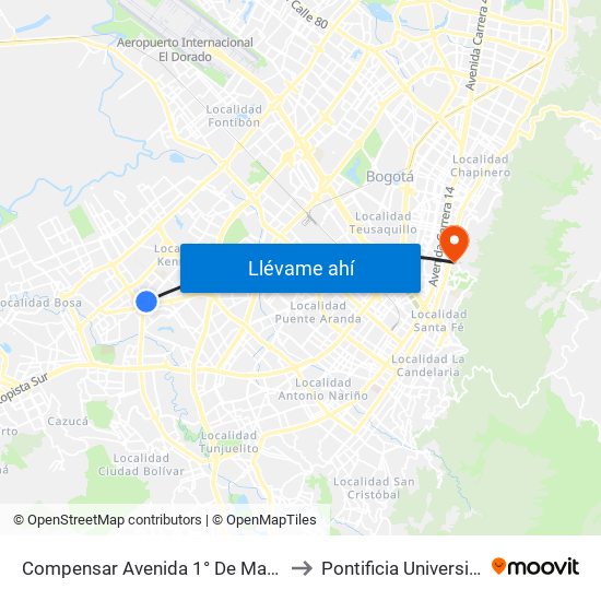 Compensar Avenida 1° De Mayo (Cl 42 Sur - Tv 78h) to Pontificia Universidad Javeriana map