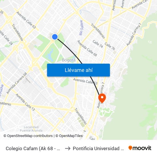 Colegio Cafam (Ak 68 - Ac 63) (A) to Pontificia Universidad Javeriana map