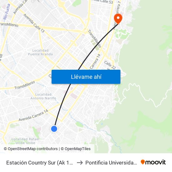 Estación Country Sur (Ak 10 - Cl 27a Sur) to Pontificia Universidad Javeriana map