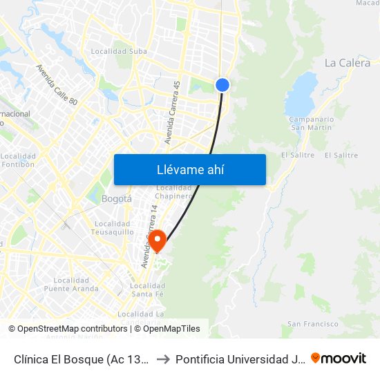 Clínica El Bosque (Ac 134 - Kr 7a) to Pontificia Universidad Javeriana map