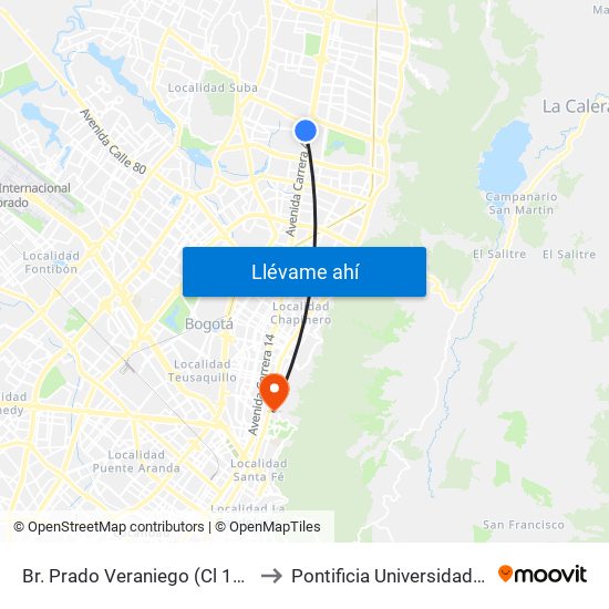 Br. Prado Veraniego (Cl 129 - Kr 45a) to Pontificia Universidad Javeriana map