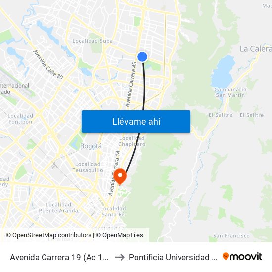 Avenida Carrera 19 (Ac 134 - Ak 19) to Pontificia Universidad Javeriana map