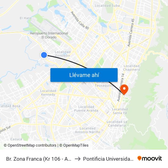 Br. Zona Franca (Kr 106 - Av. Centenario) to Pontificia Universidad Javeriana map