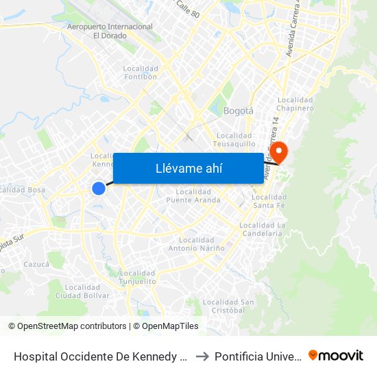 Hospital Occidente De Kennedy (Av. 1 De Mayo - Cl 40b Sur) (B) to Pontificia Universidad Javeriana map
