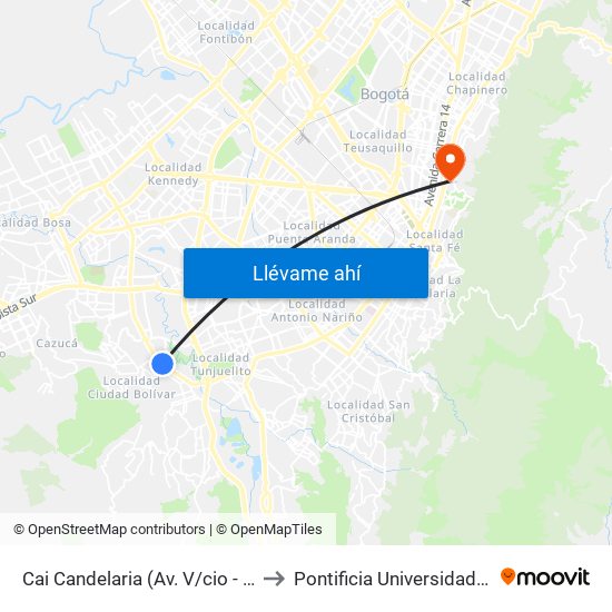 Cai Candelaria (Av. V/cio - Kr 43b) (A) to Pontificia Universidad Javeriana map