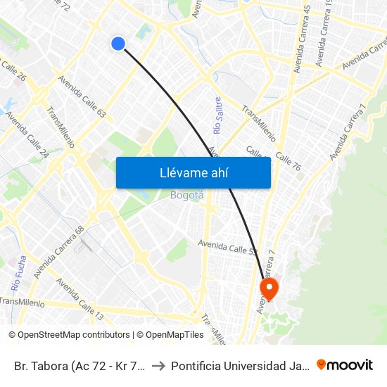 Br. Tabora (Ac 72 - Kr 77a) (A) to Pontificia Universidad Javeriana map