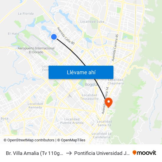Br. Villa Amalia (Tv 110g - Cl 71c) to Pontificia Universidad Javeriana map