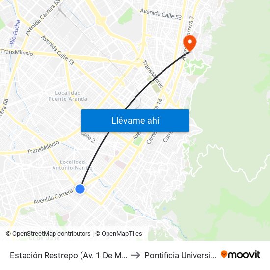 Estación Restrepo (Av. 1 De Mayo - Av. Caracas) (A) to Pontificia Universidad Javeriana map