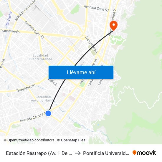 Estación Restrepo (Av. 1 De Mayo - Kr 13) (B) to Pontificia Universidad Javeriana map