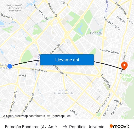 Estación Banderas (Av. Américas - Kr 78a) (A) to Pontificia Universidad Javeriana map