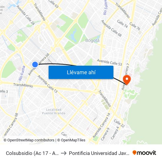 Colsubsidio (Ac 17 - Ak 68) to Pontificia Universidad Javeriana map