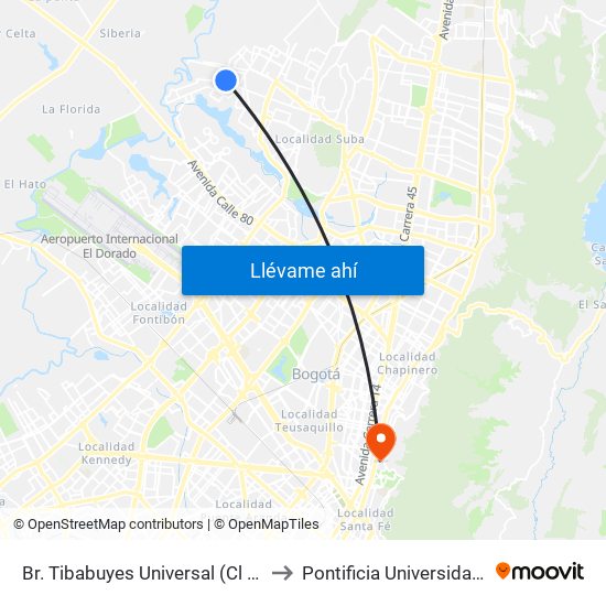 Br. Tibabuyes Universal (Cl 142 - Kr 129b) to Pontificia Universidad Javeriana map