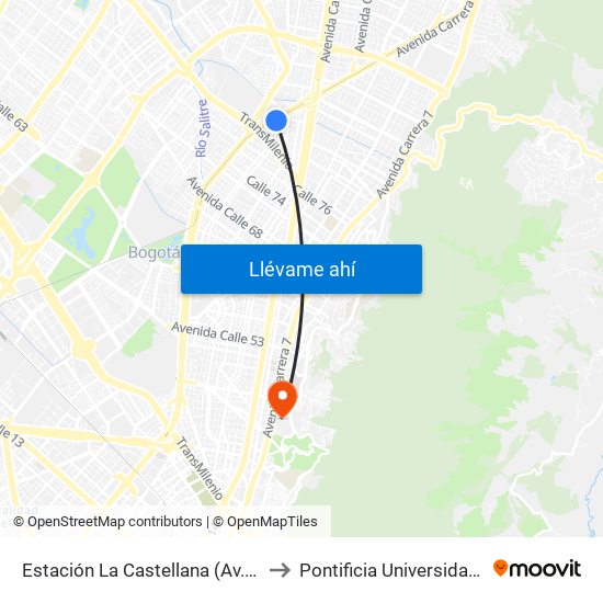 Estación La Castellana (Av. NQS - Cl 85a) to Pontificia Universidad Javeriana map