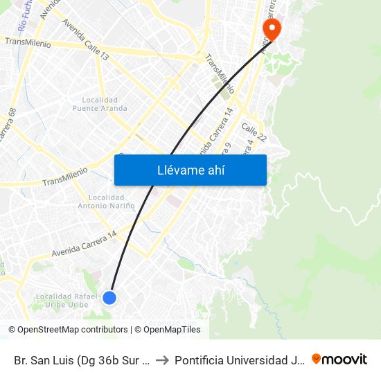 Br. San Luis (Dg 36b Sur - Kr 10a) to Pontificia Universidad Javeriana map