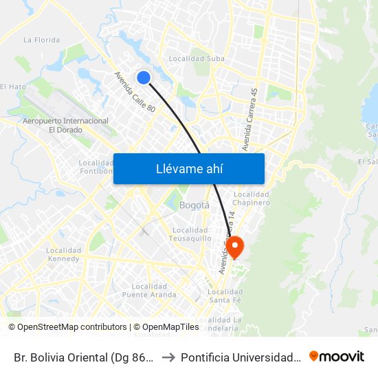 Br. Bolivia Oriental (Dg 86a - Kr 103c) to Pontificia Universidad Javeriana map