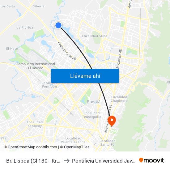 Br. Lisboa (Cl 130 - Kr 153) to Pontificia Universidad Javeriana map