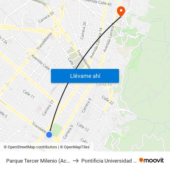 Parque Tercer Milenio (Ac 6 - Kr 12a) to Pontificia Universidad Javeriana map
