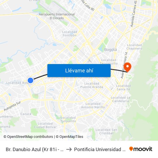 Br. Danubio Azul (Kr 81i - Cl 55 Sur) to Pontificia Universidad Javeriana map